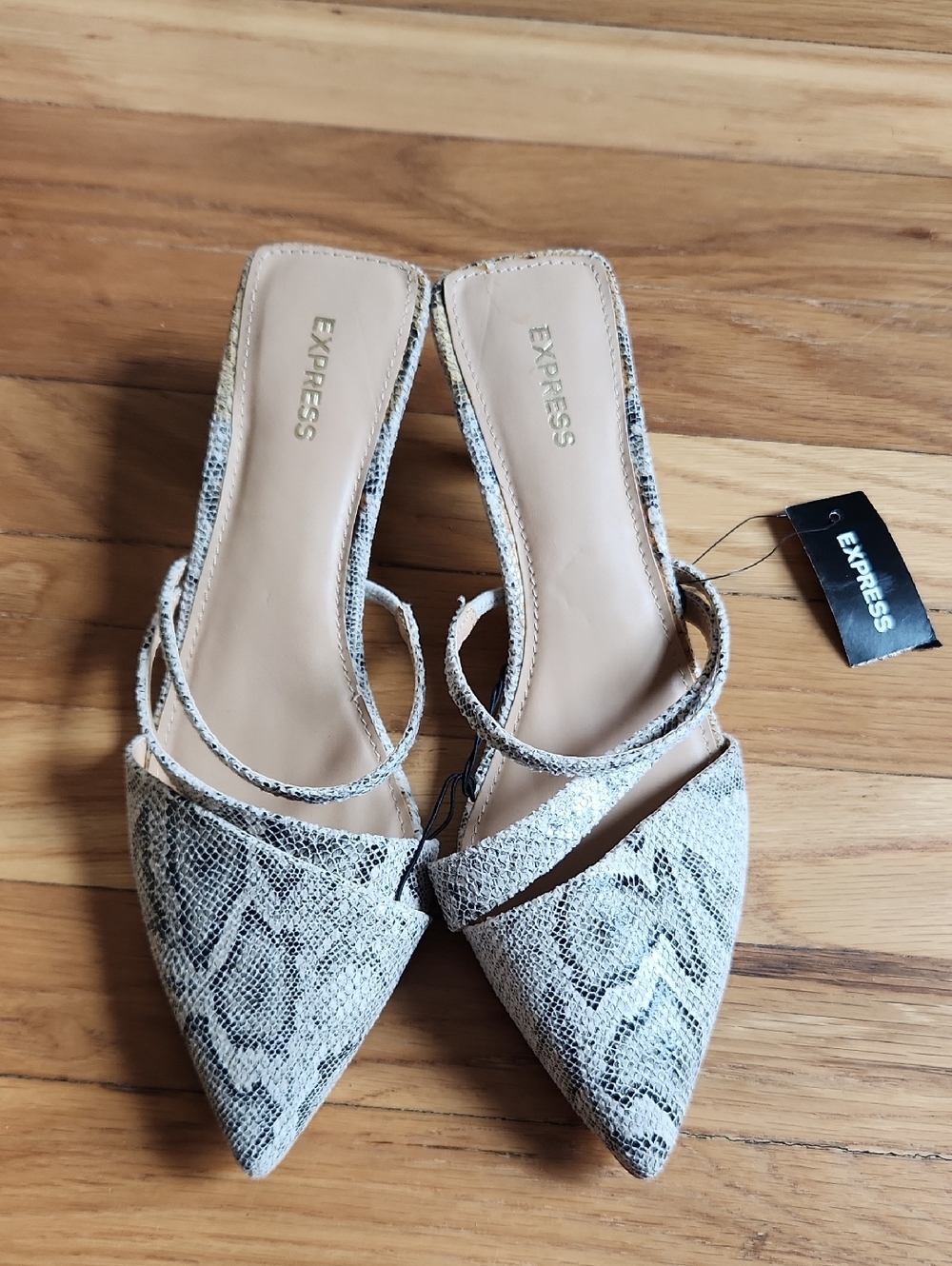 Express Pointed Snake-Print Slide Mules in Gray and Cream